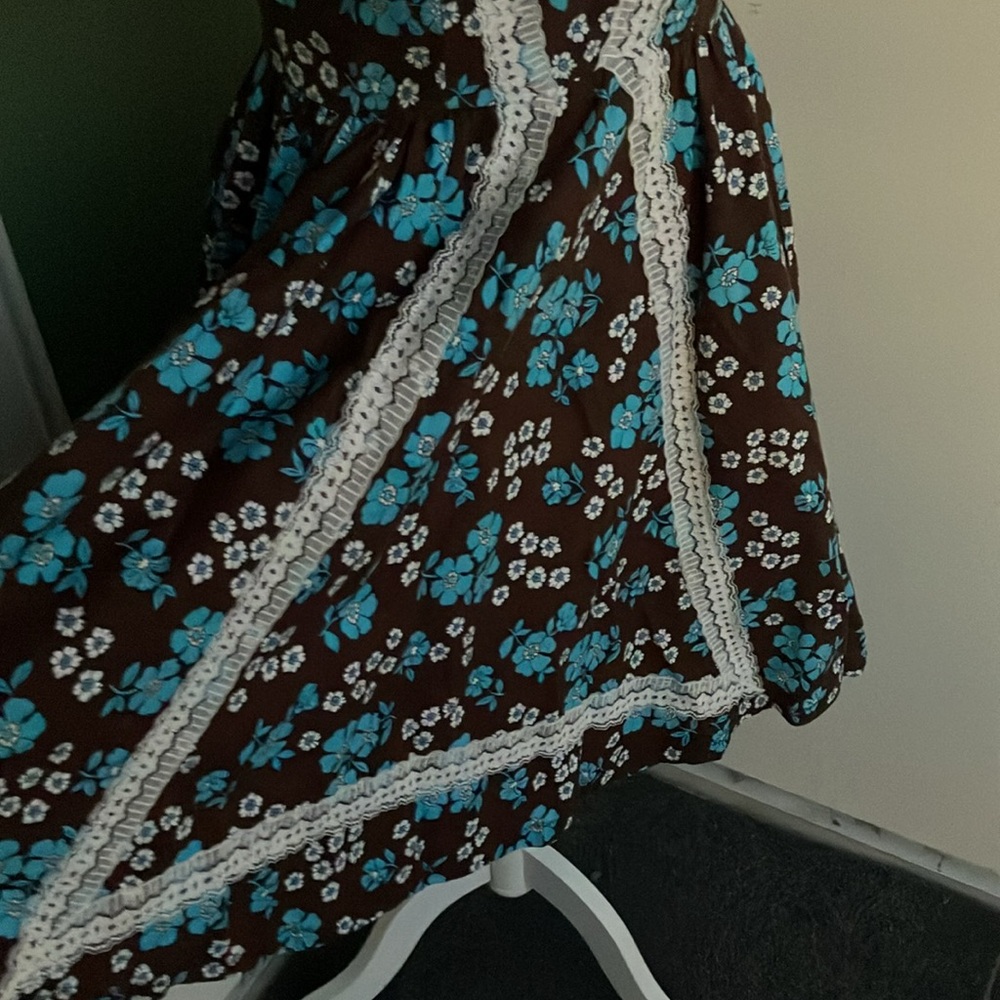 Vintage 60s 70s Brown and Blue Floral Square Dance Dress - Picture 3 of 9
